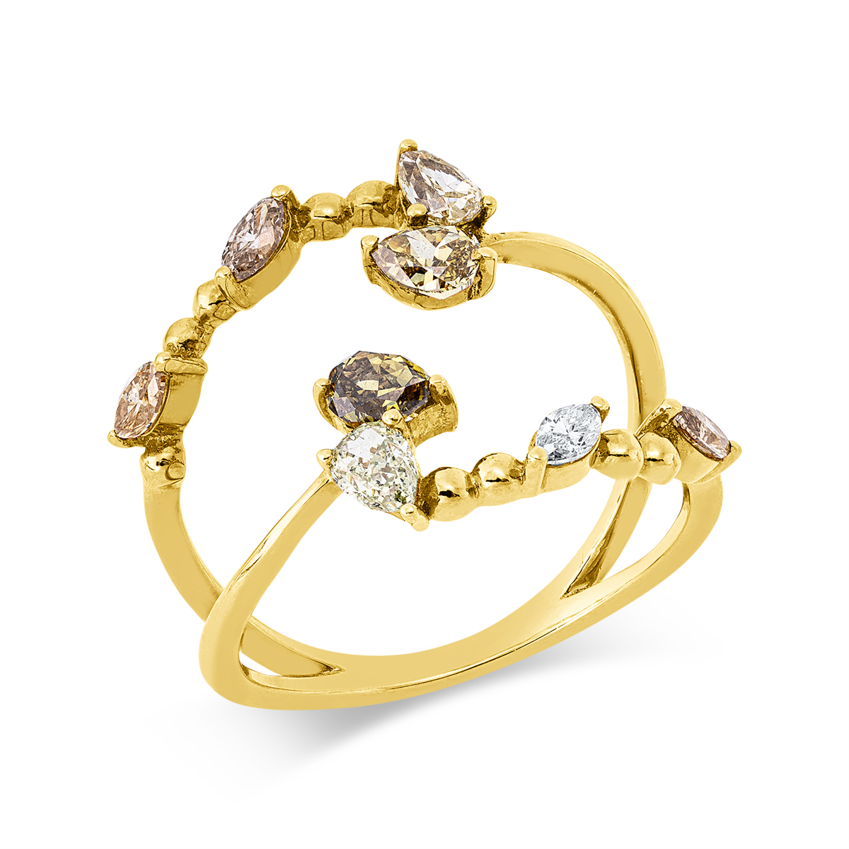 fantasy-cut  fancy colored diamond ring in yellow gold