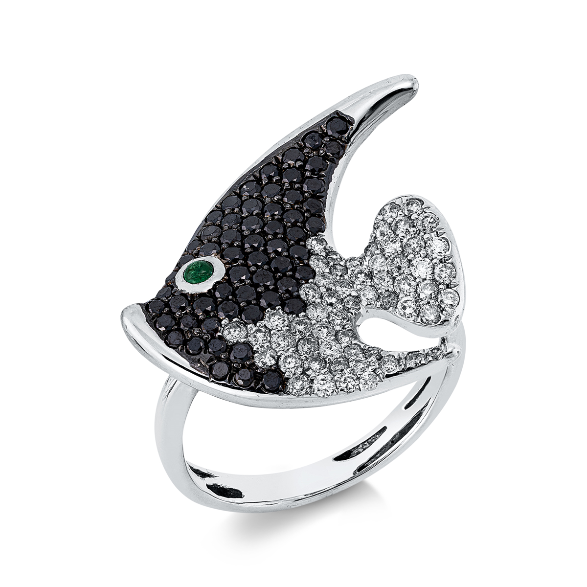diamond full cut emerald animal ring in white gold