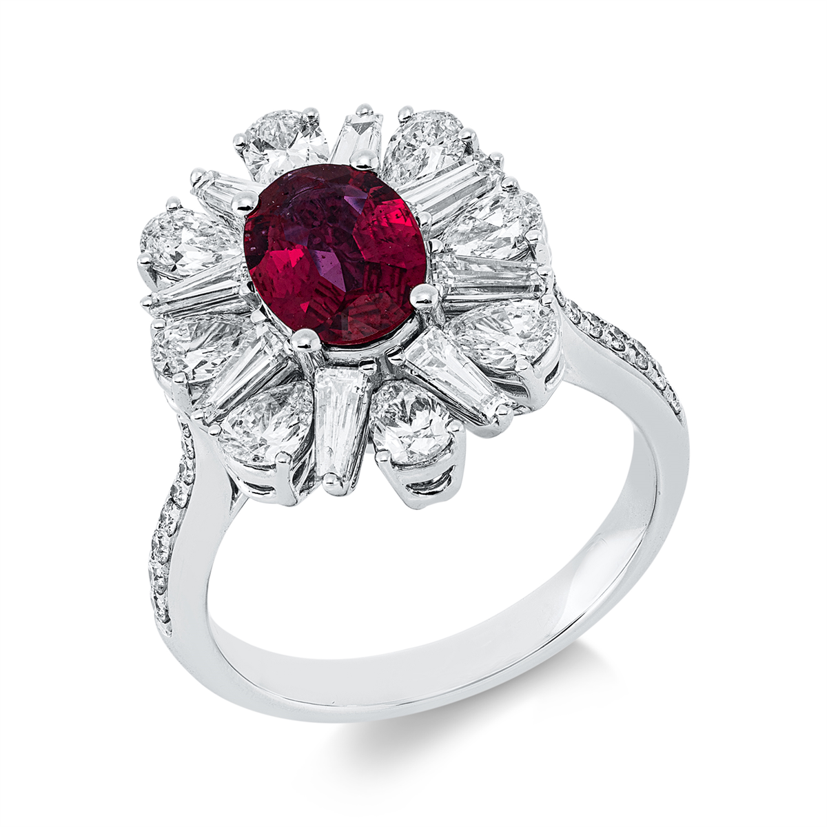 pear shape ruby colored stone classic ring in white gold