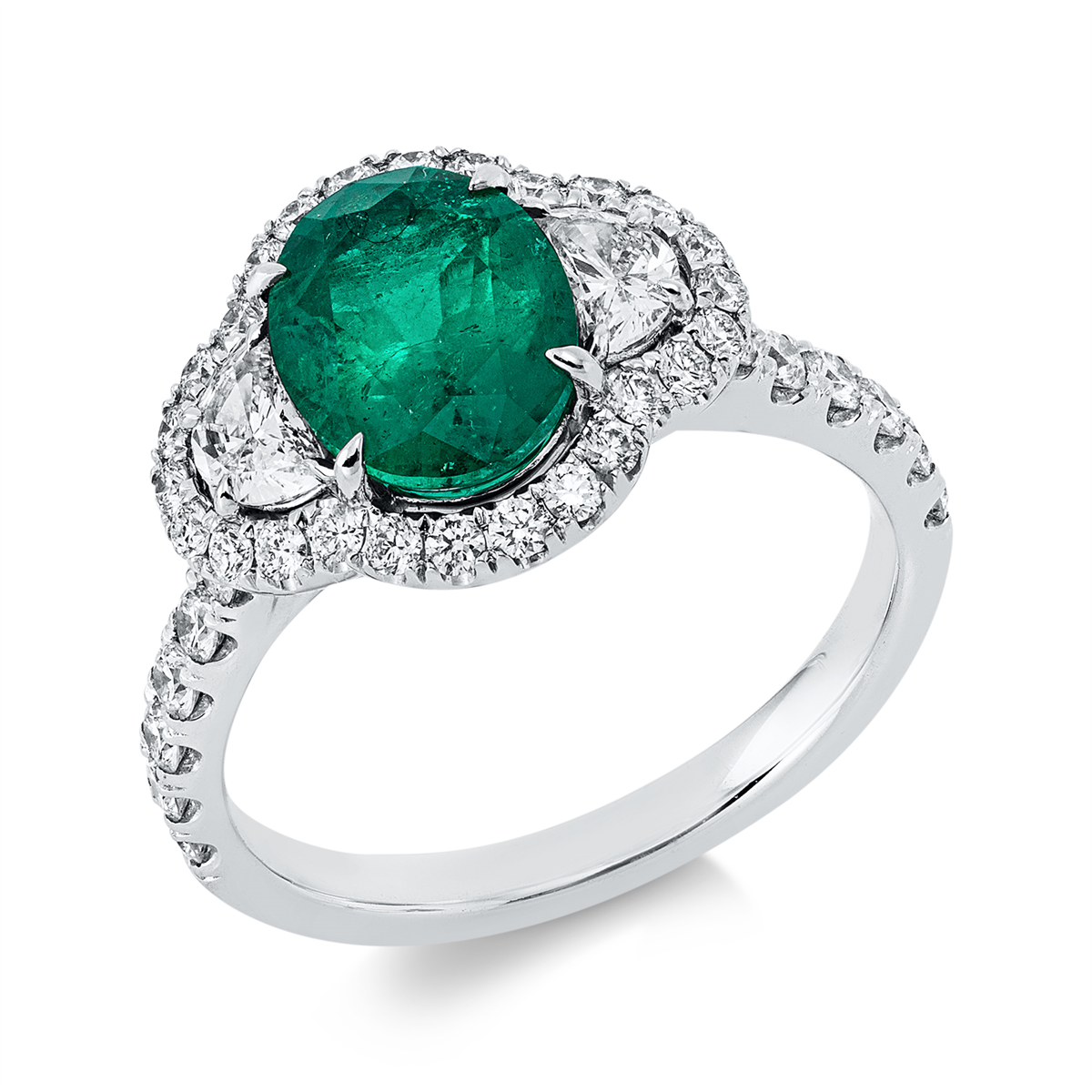 half-moon cut emerald colored stone classic ring in white gold