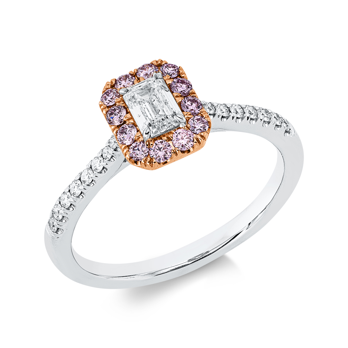 emerald cut sapphire fancy colored diamond ring in whitegold / rosegold