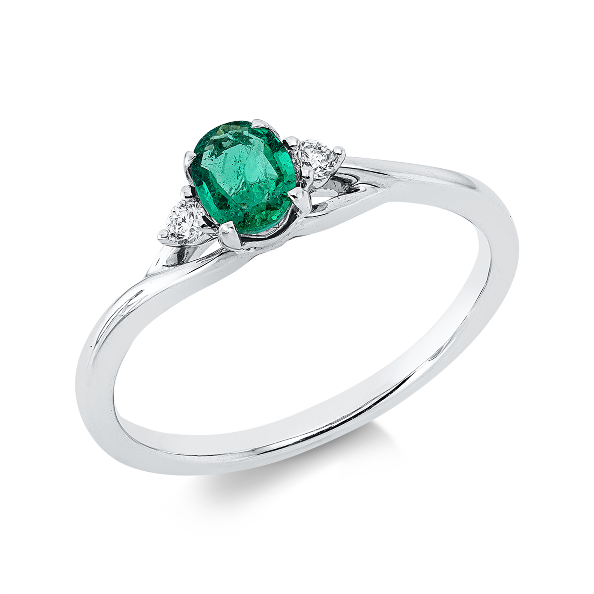 diamond full cut emerald colored stone classic ring in white gold