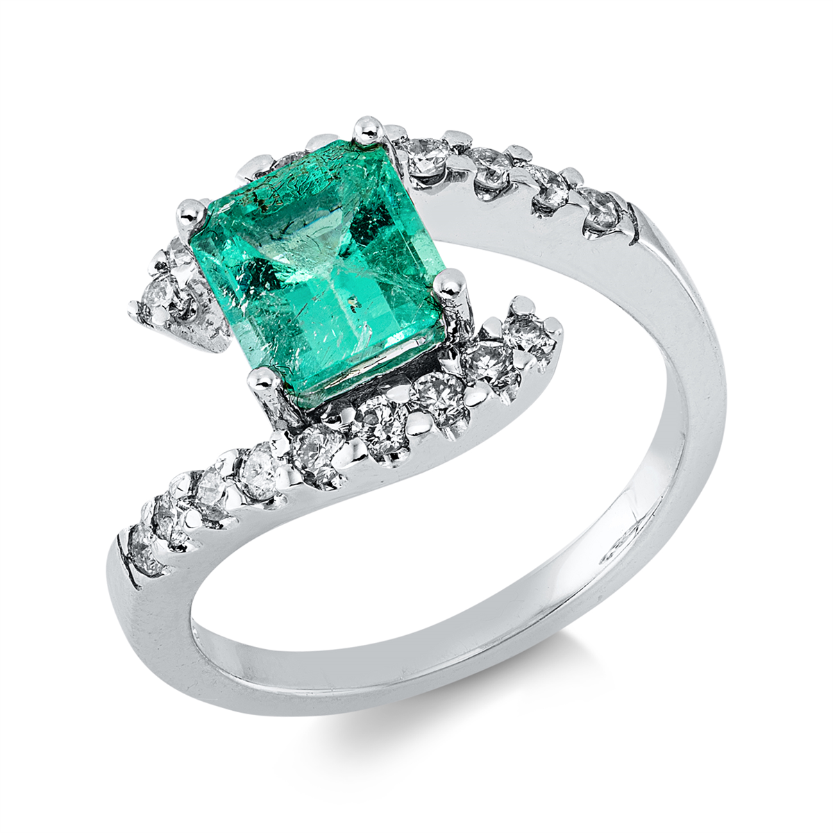 diamond full cut emerald colored stone classic ring in white gold