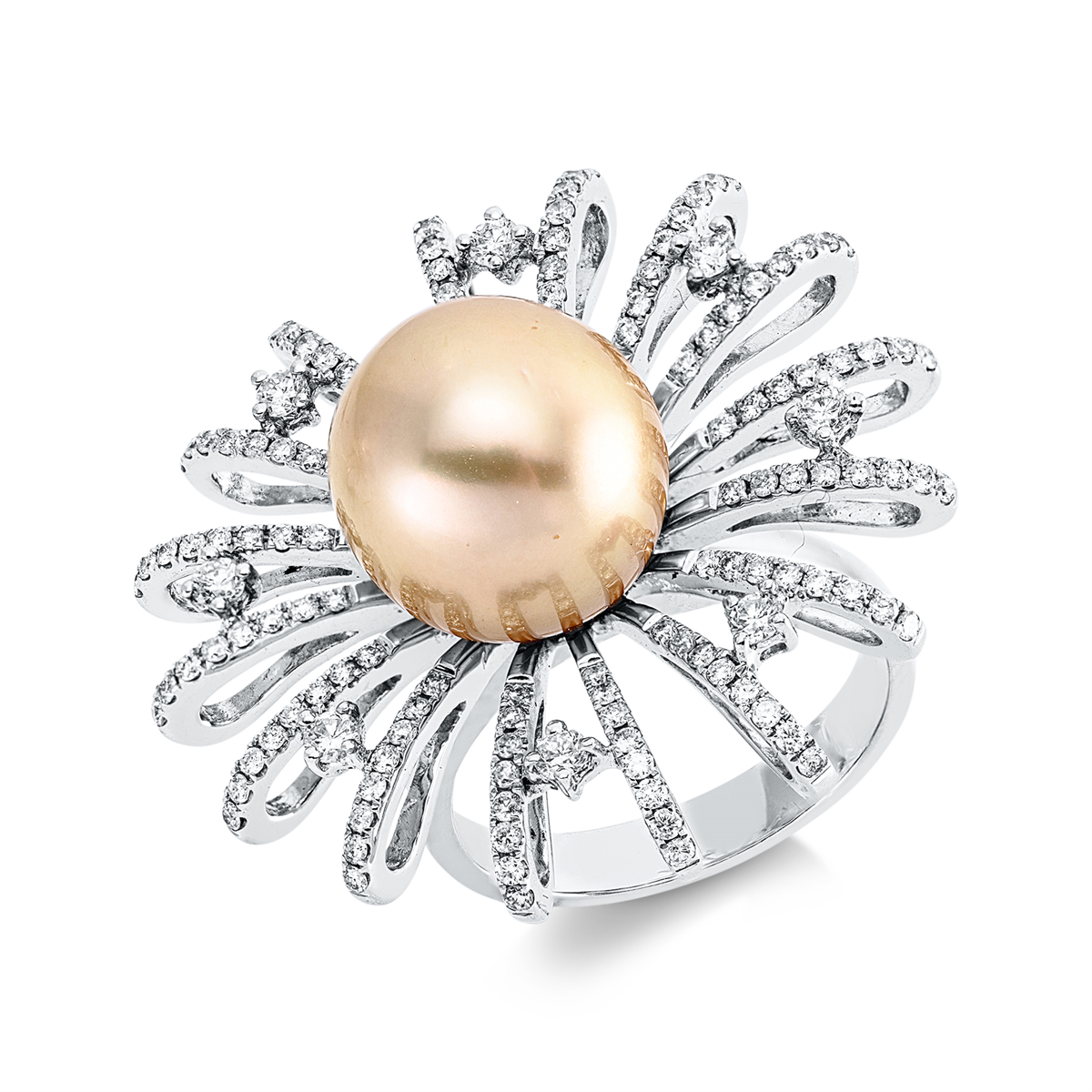 diamond full cut  pearl ring in white gold