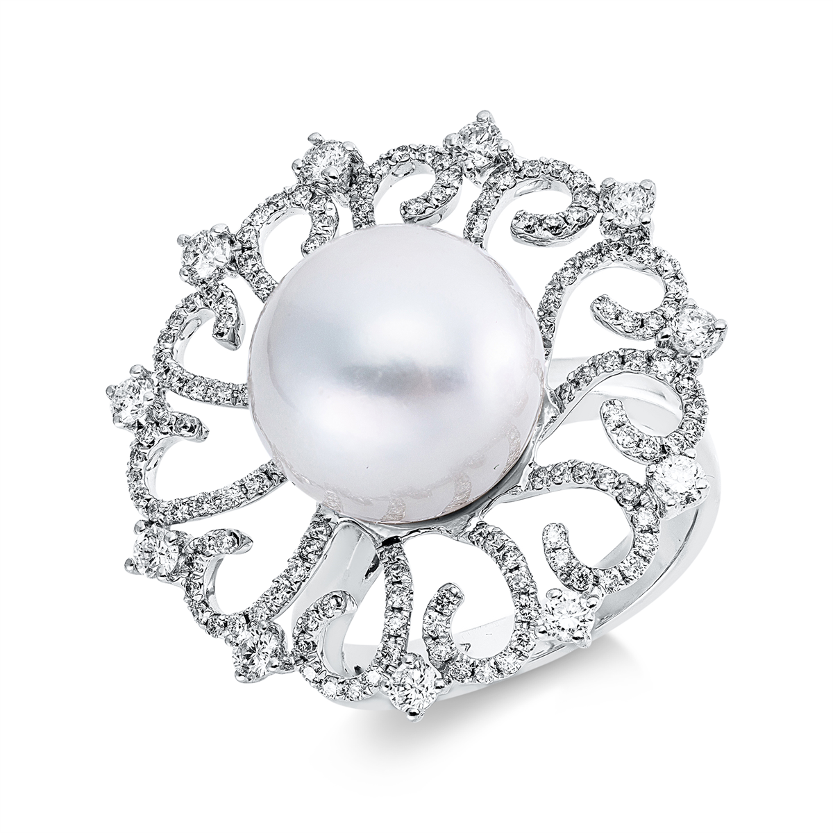diamond full cut  pearl ring in white gold