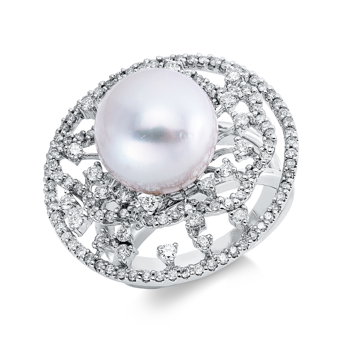 diamond full cut  pearl ring in white gold