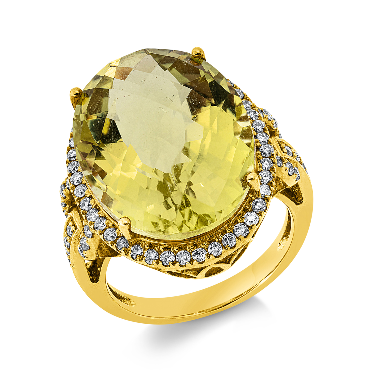 diamond full cut lemon quartz colored stone fashion ring in yellow gold