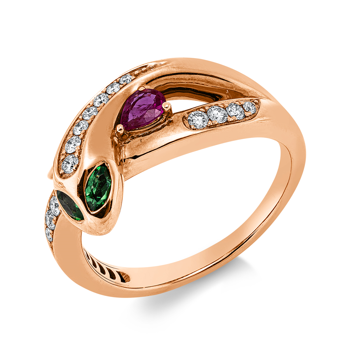 diamond full cut tsavorite animal ring in red gold