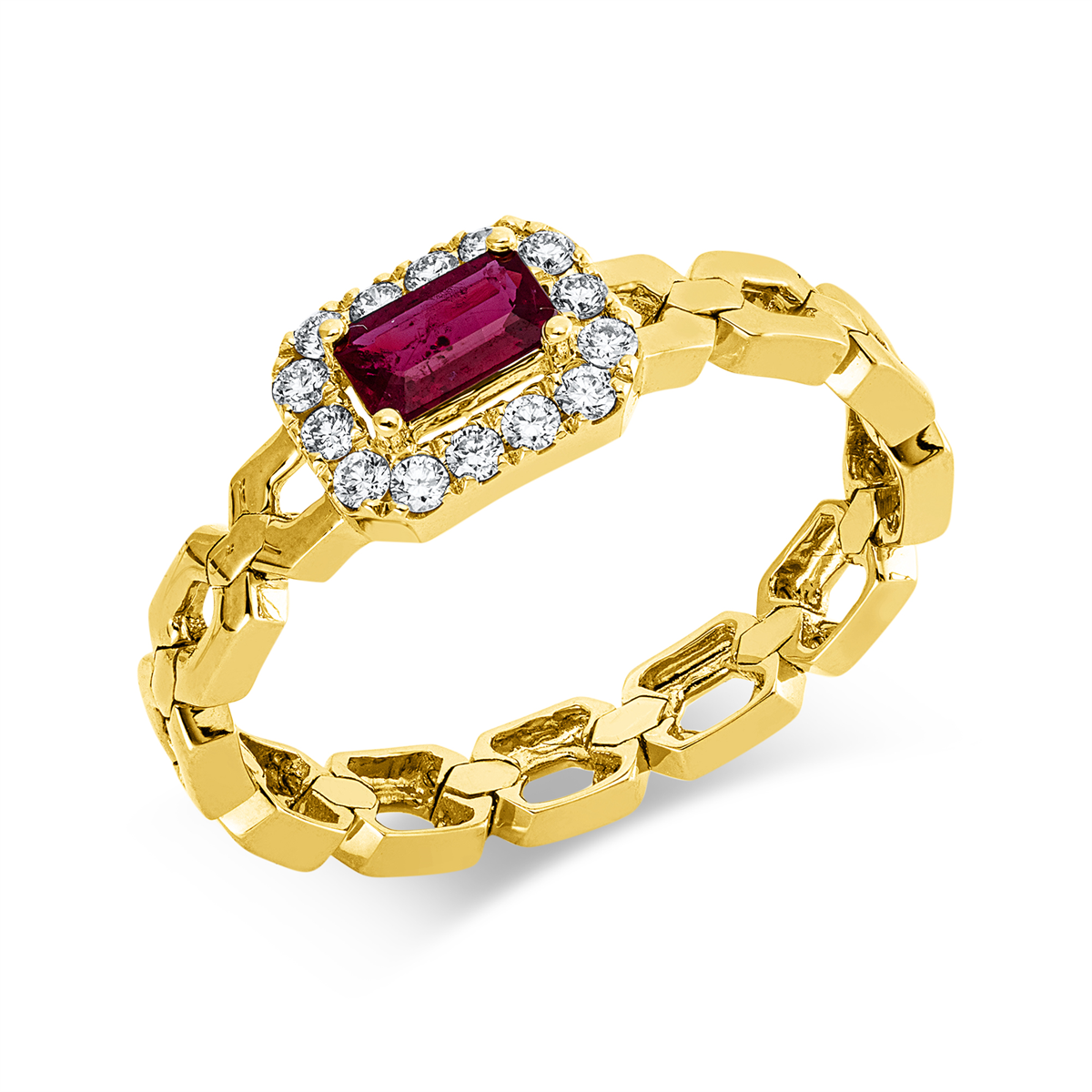 diamond full cut ruby colored stone classic ring in yellow gold