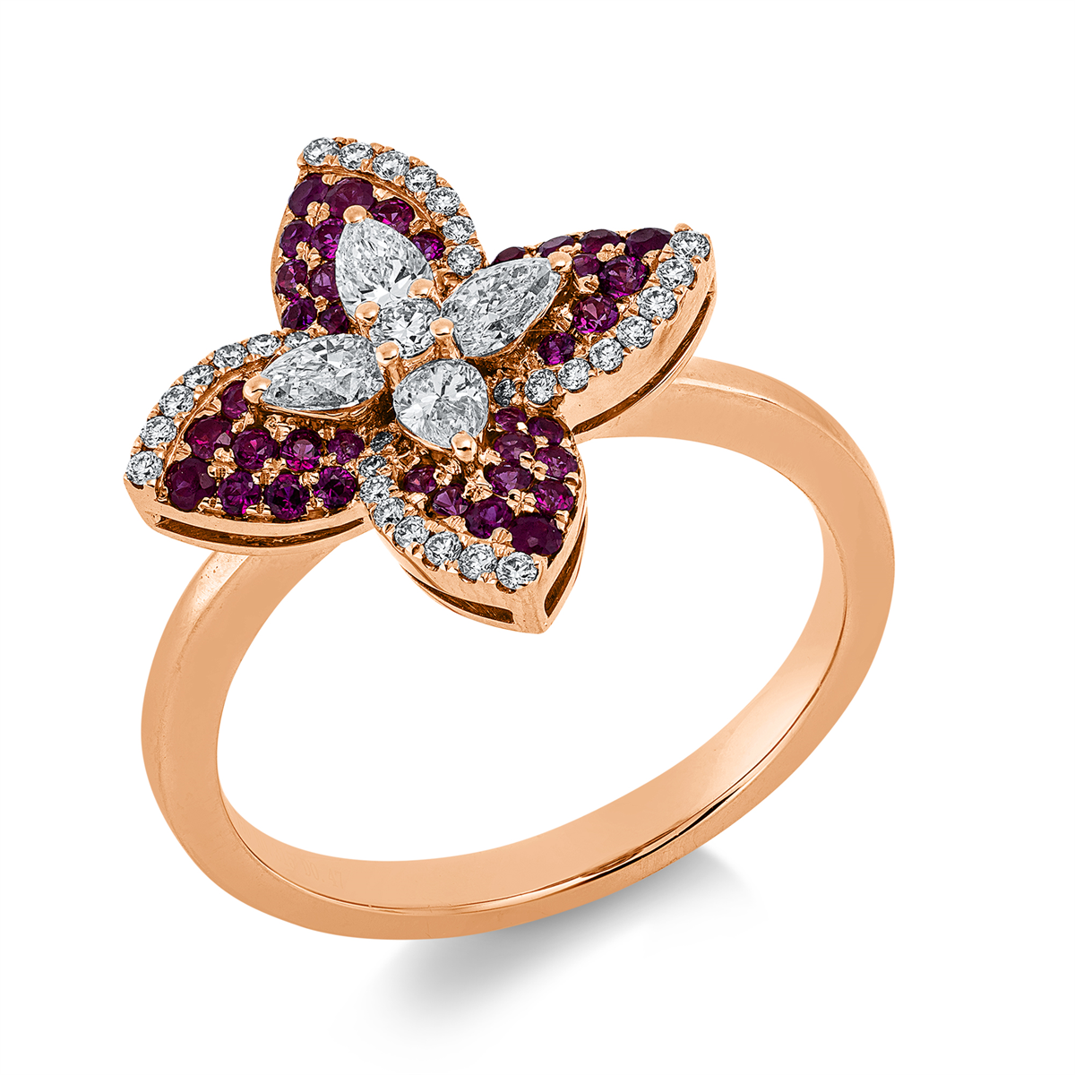 diamond full cut ruby colored stone classic ring in red gold