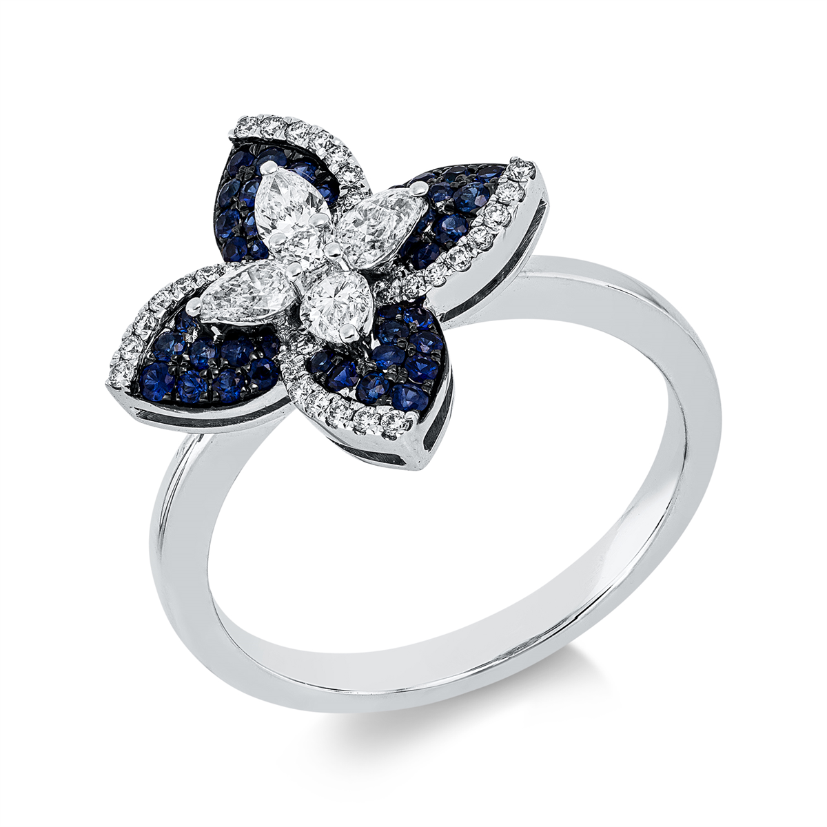 diamond full cut sapphire colored stone classic ring in white gold