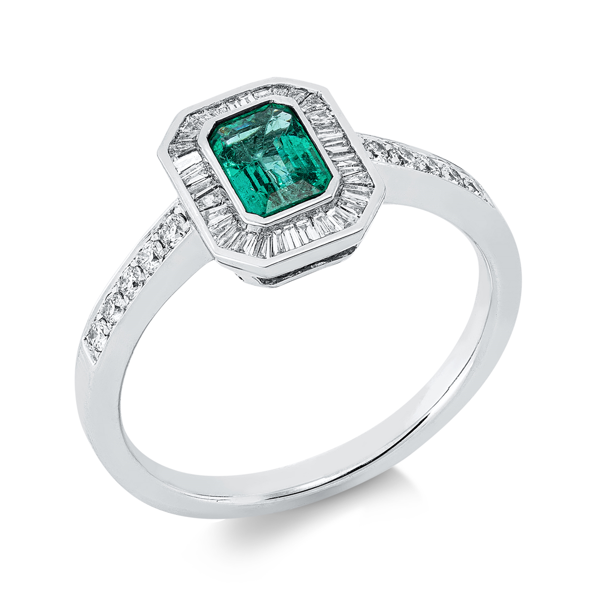 diamond full cut emerald colored stone classic ring in white gold