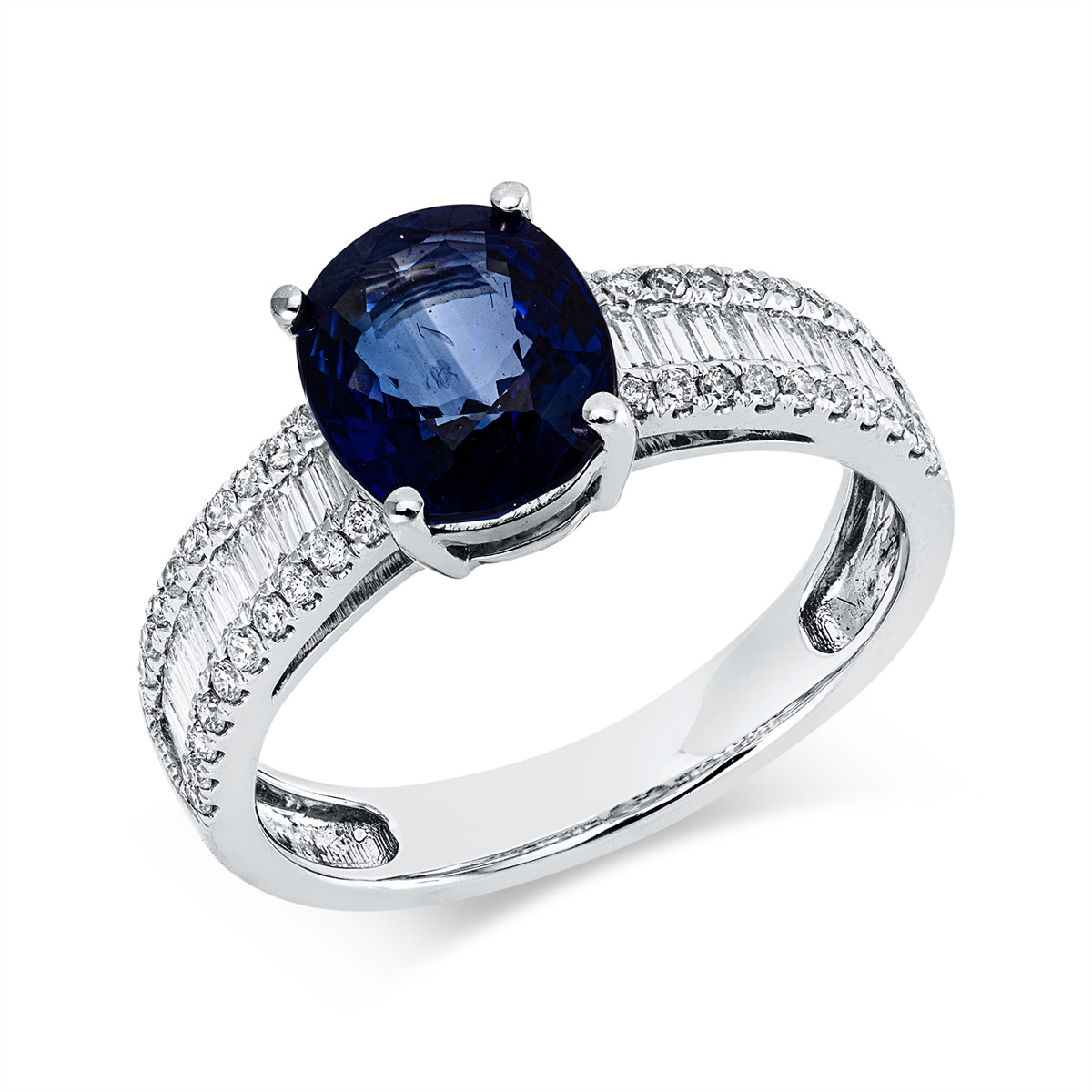 diamond full cut sapphire colored stone classic ring in white gold