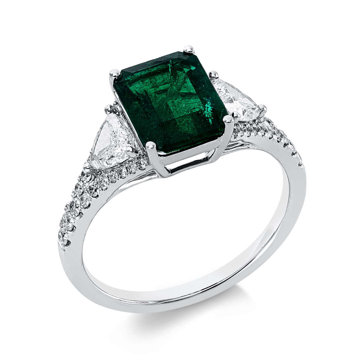 diamond full cut emerald colored stone classic ring in white gold