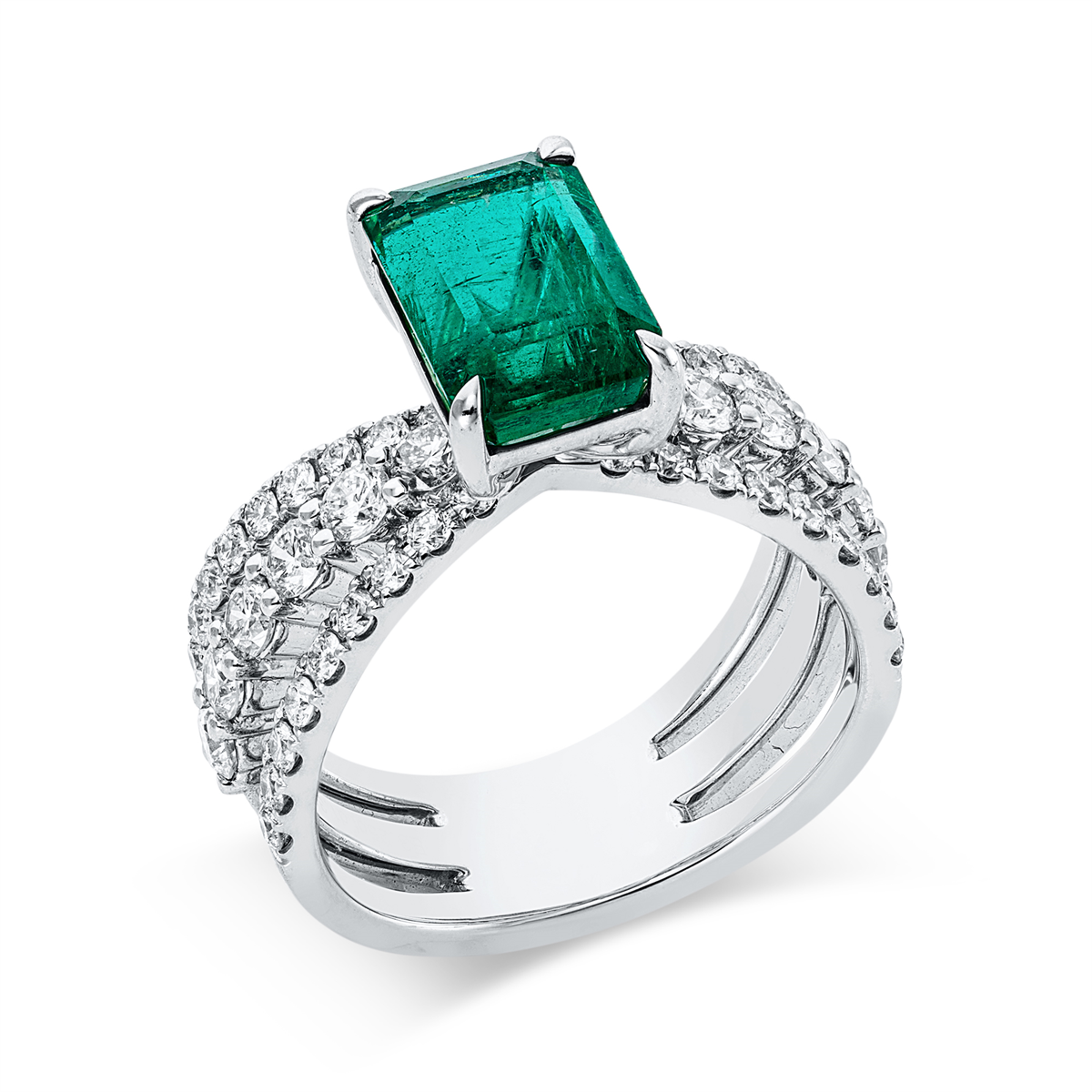 diamond full cut emerald colored stone classic ring in white gold