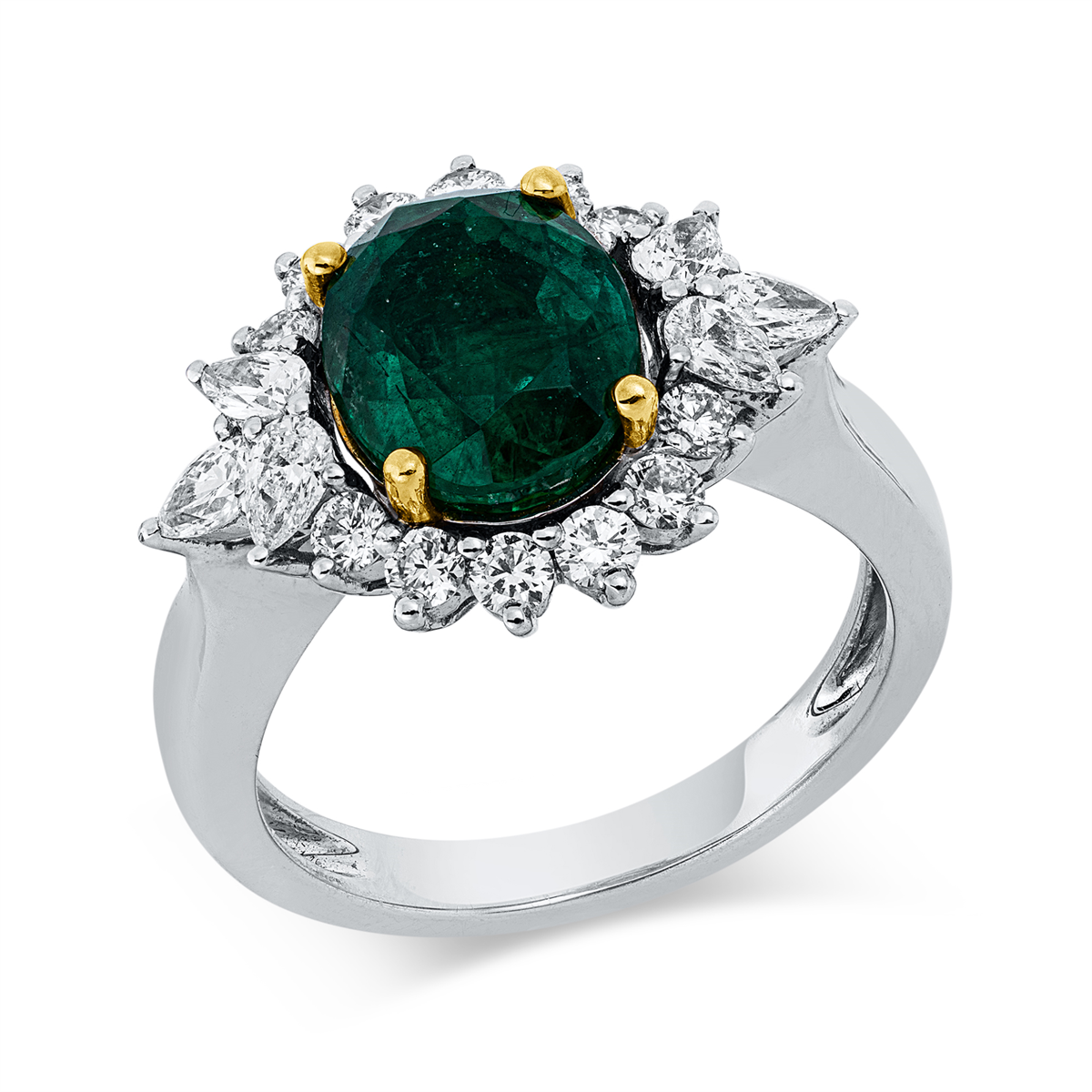 diamond full cut emerald colored stone classic ring in white gold / yellow gold