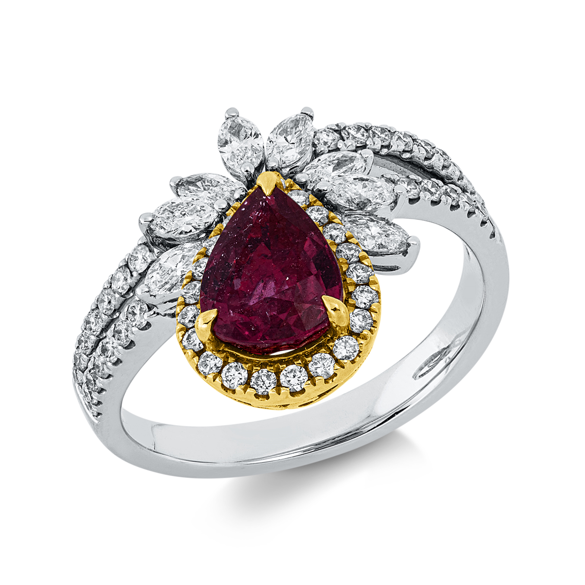 diamond full cut ruby colored stone classic ring in white gold / yellow gold