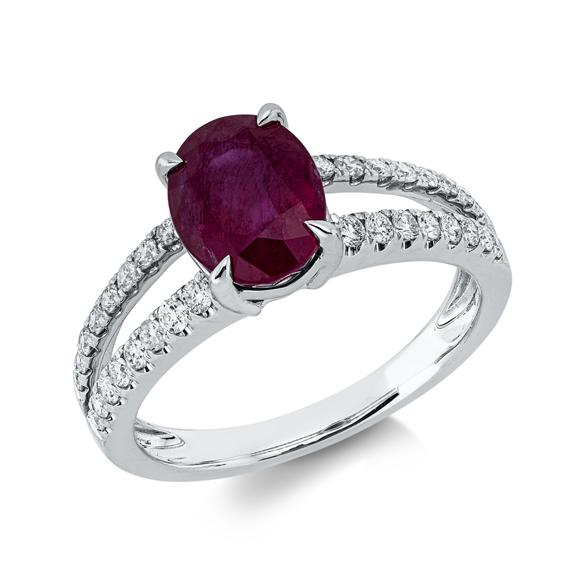 diamond full cut ruby colored stone classic ring in white gold