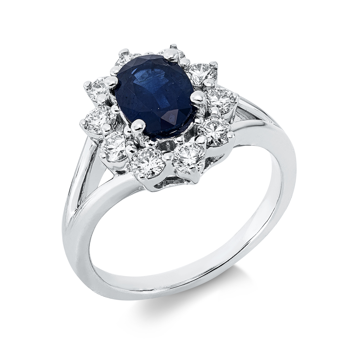 diamond full cut sapphire colored stone classic ring in white gold