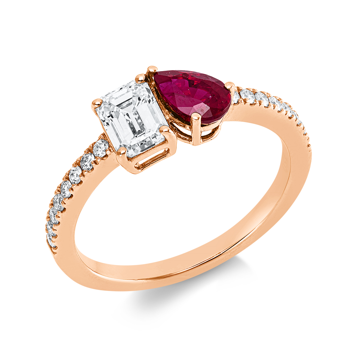 emerald cut ruby colored stone classic ring in red gold