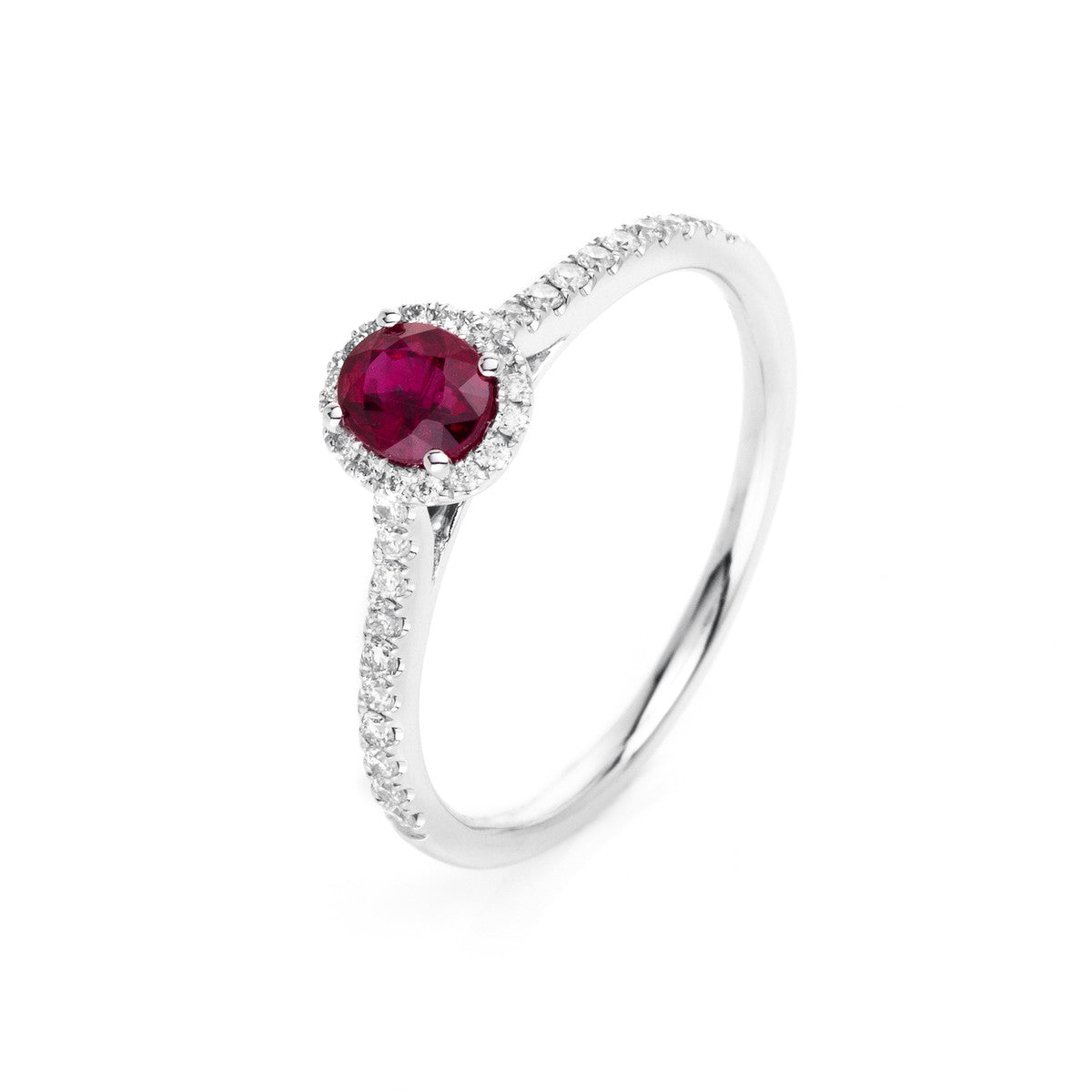 diamond full cut ruby colored stone classic ring in white gold