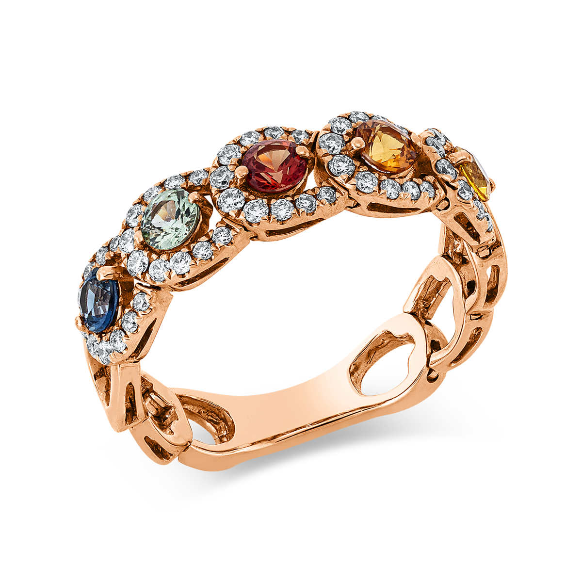 diamond full cut sapphire rainbow & multicolor ring in red gold