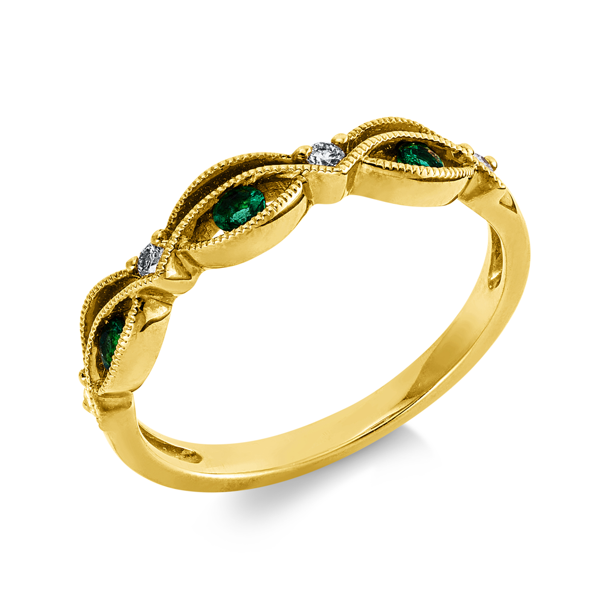 diamond full cut emerald colored stone classic ring in yellow gold