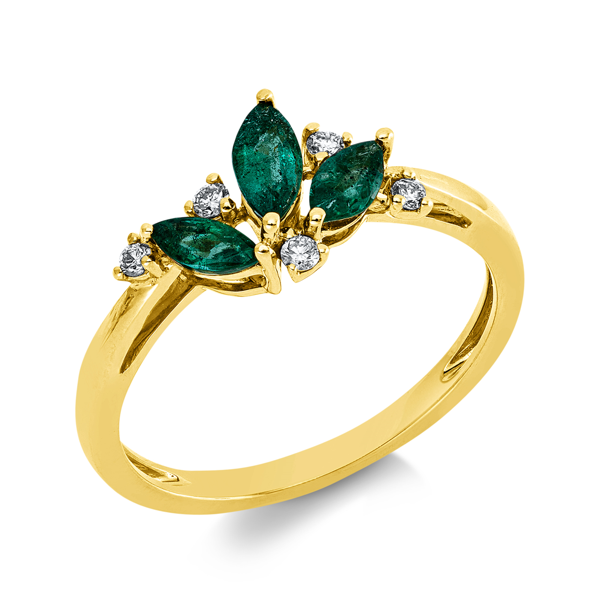diamond full cut emerald colored stone classic ring in yellow gold
