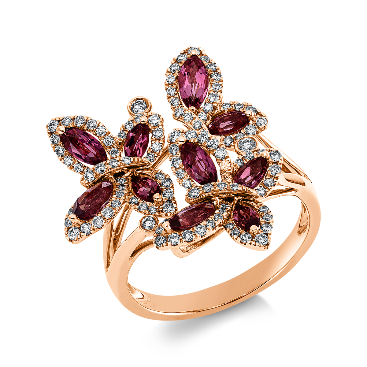 diamond full cut tourmaline colored stone fashion ring in red gold