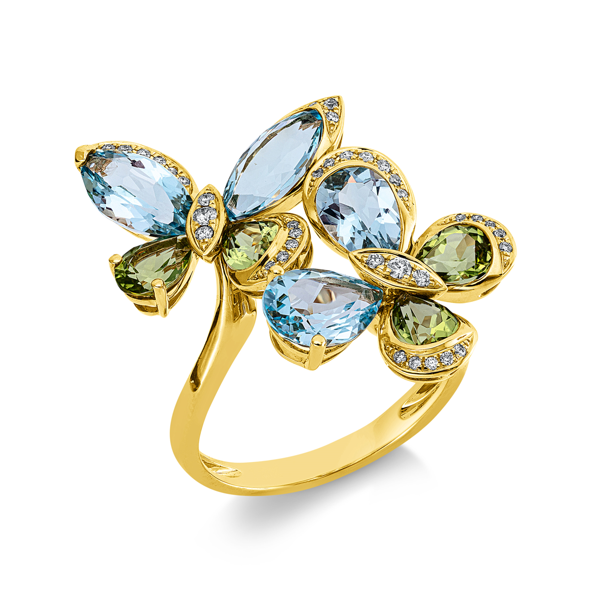 diamond full cut peridot colored stone fashion ring in yellow gold