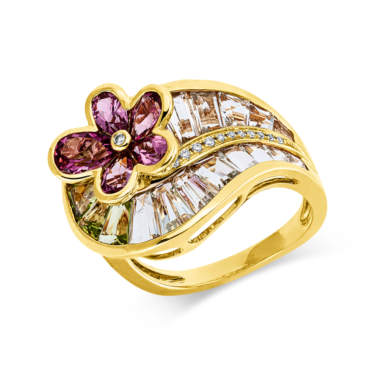diamond full cut tourmaline colored stone fashion ring in yellow gold
