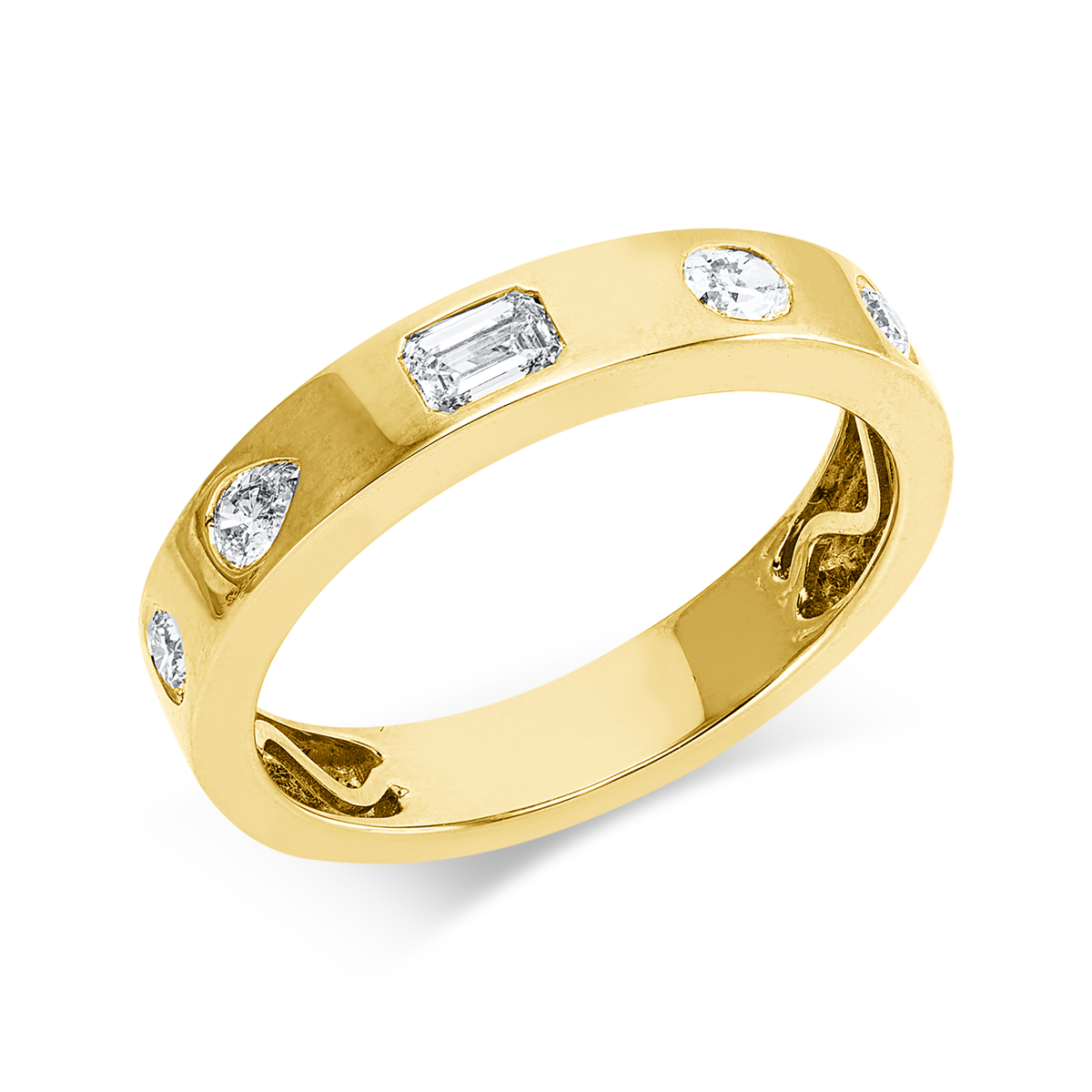 emerald cut  modern woman ring in yellow gold