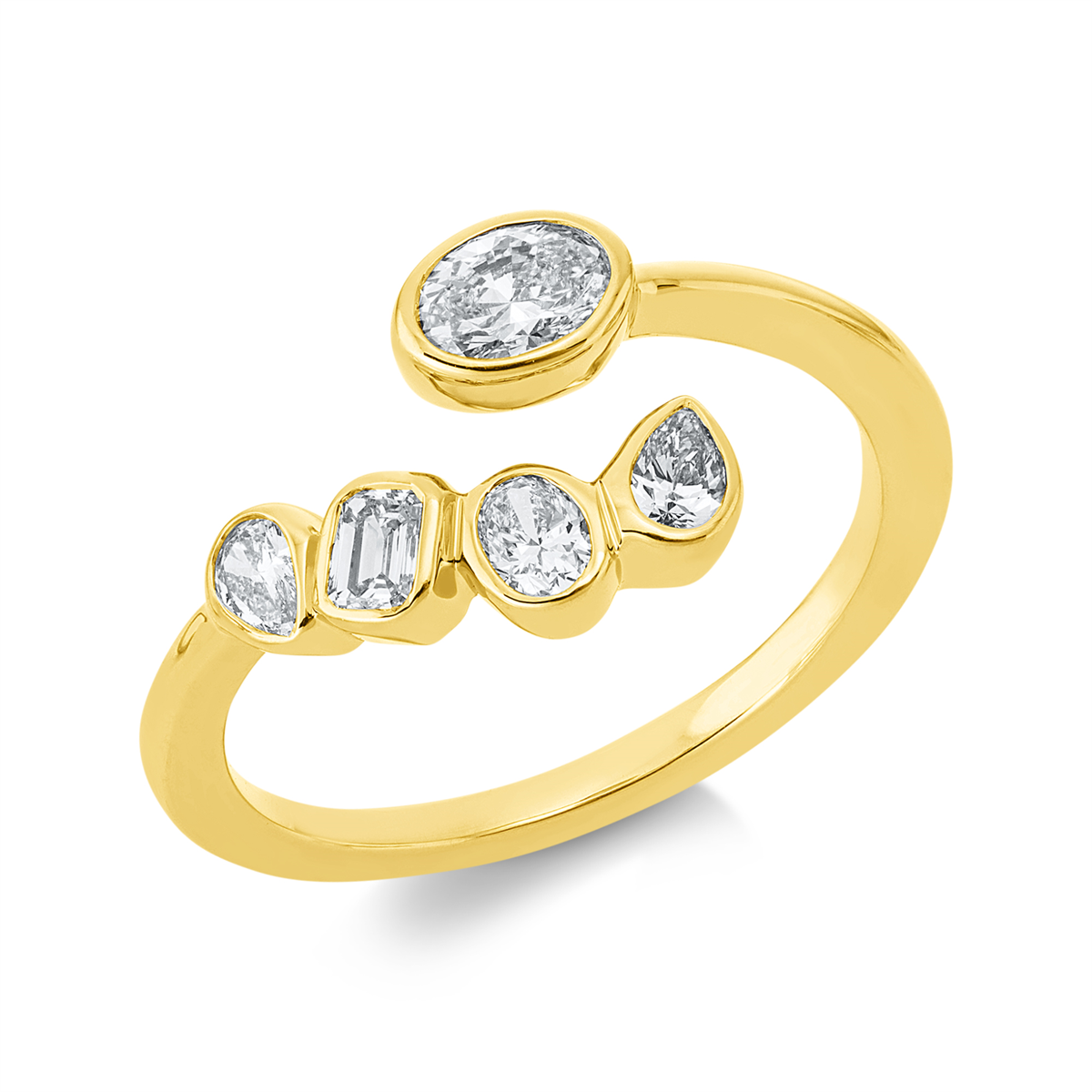 emerald cut  modern woman ring in yellow gold