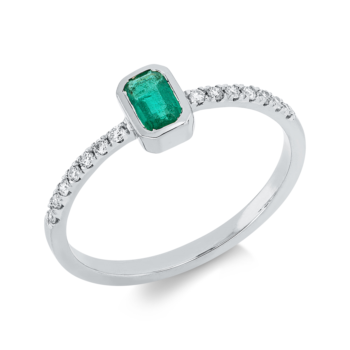 diamond full cut emerald colored stone classic ring in white gold