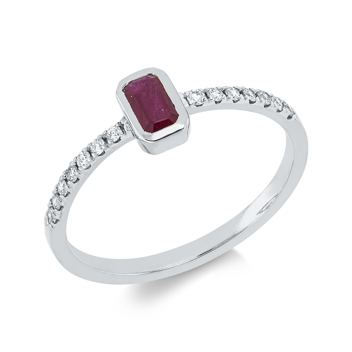 diamond full cut ruby colored stone classic ring in white gold