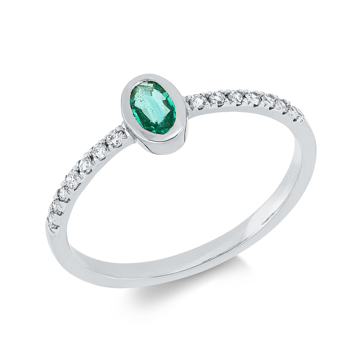 diamond full cut emerald colored stone classic ring in white gold