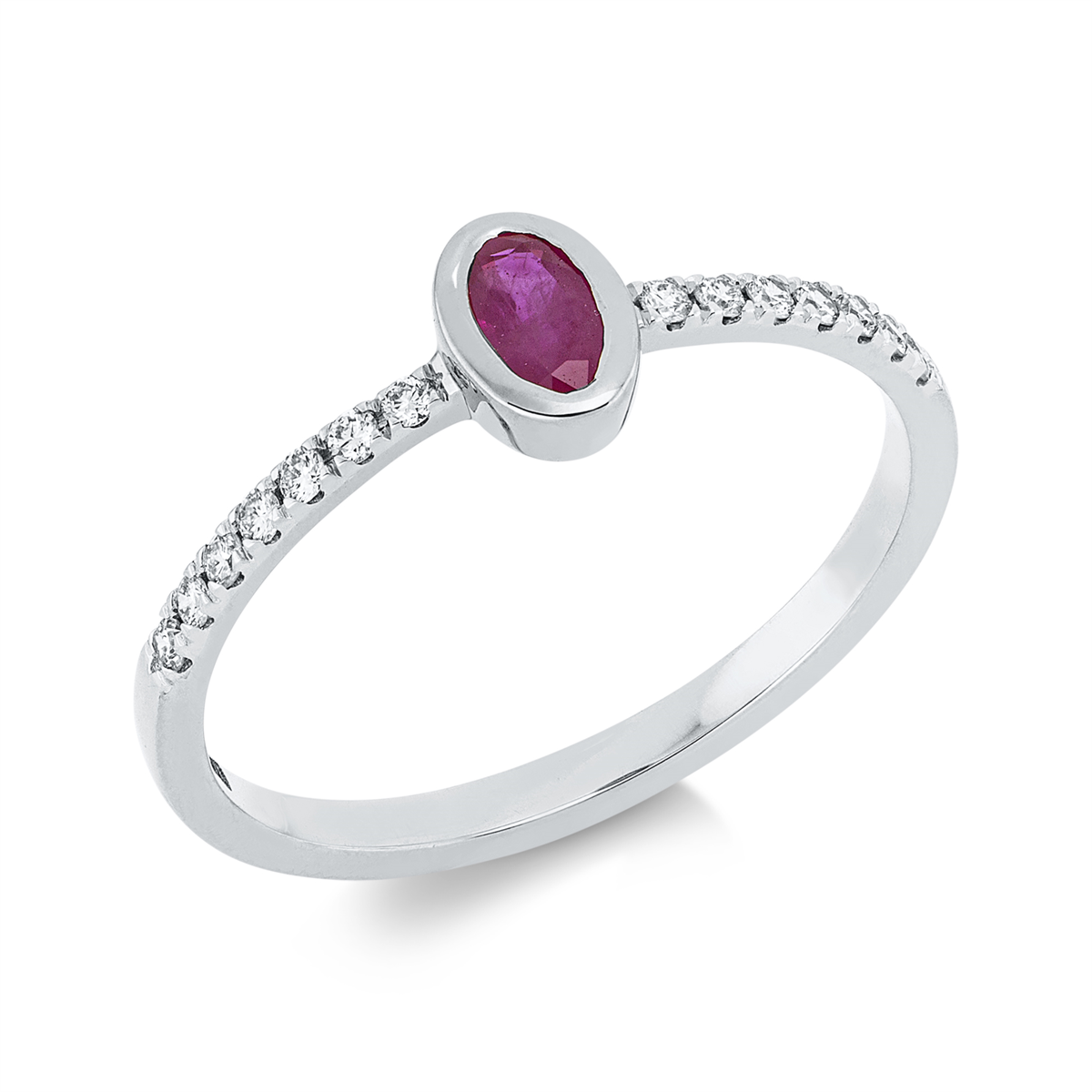 diamond full cut ruby colored stone classic ring in white gold