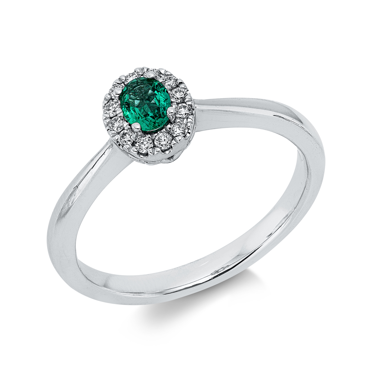 diamond full cut emerald colored stone classic ring in white gold