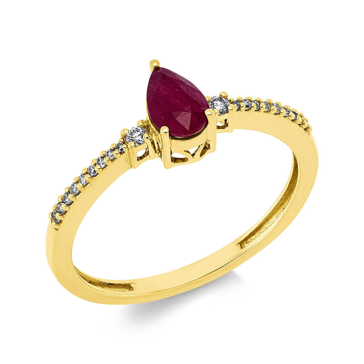 diamond single cut ruby colored stone classic ring in yellow gold