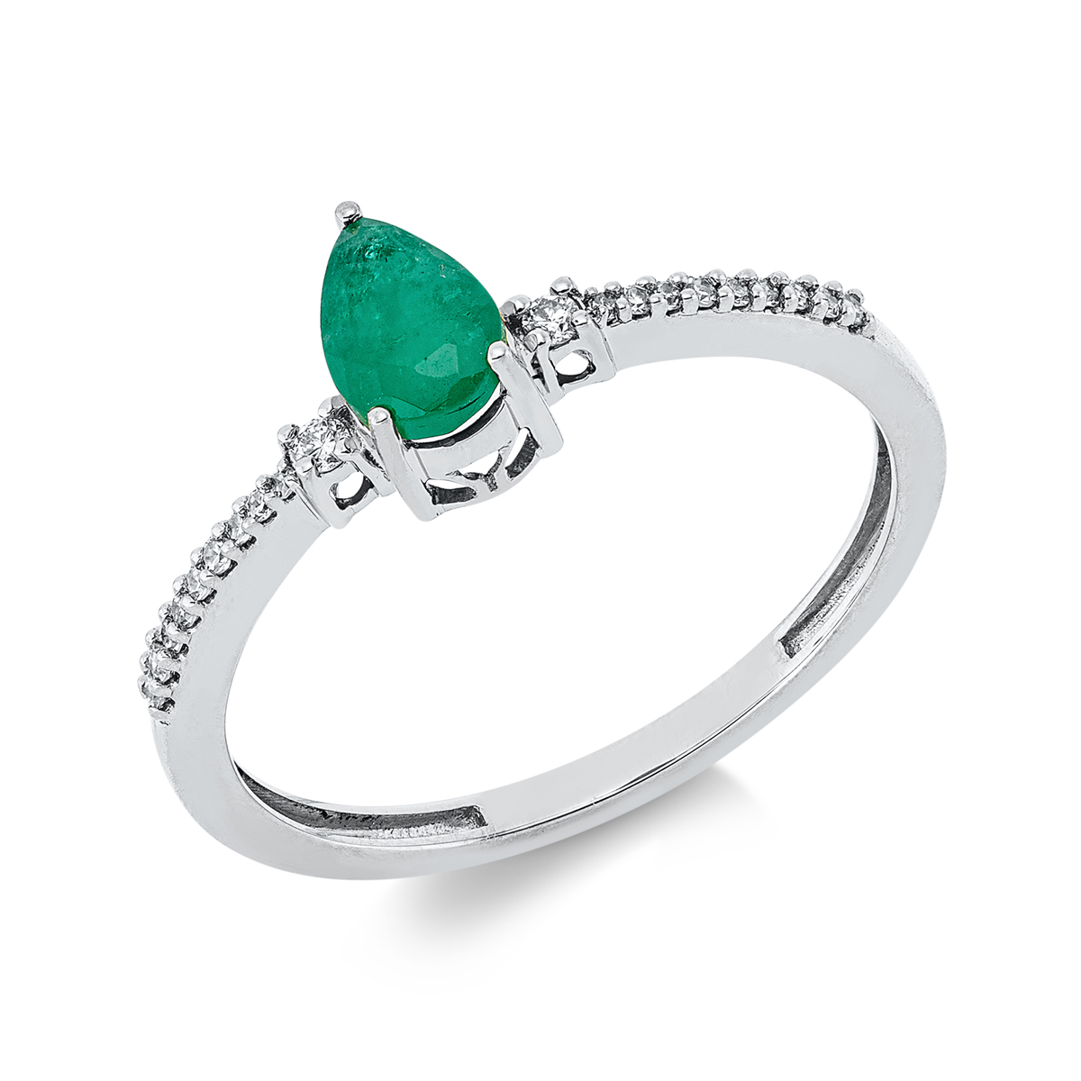 diamond single cut emerald colored stone classic ring in white gold