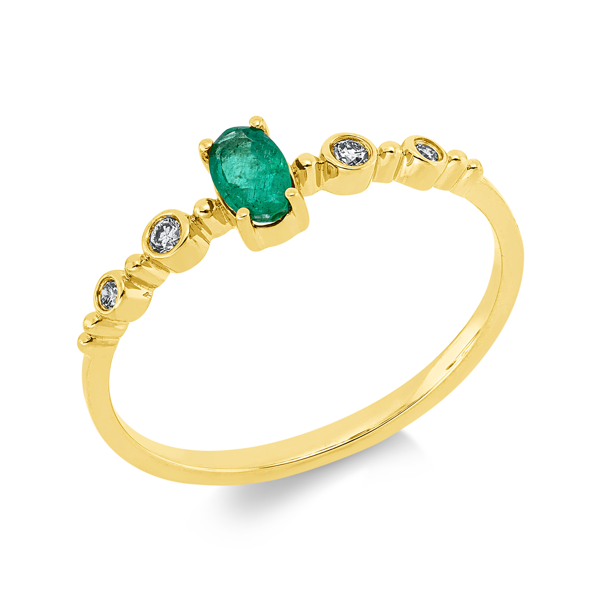 diamond full cut emerald colored stone classic ring in yellow gold