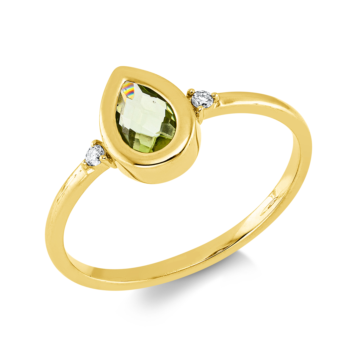diamond full cut peridot colored stone fashion ring in yellow gold
