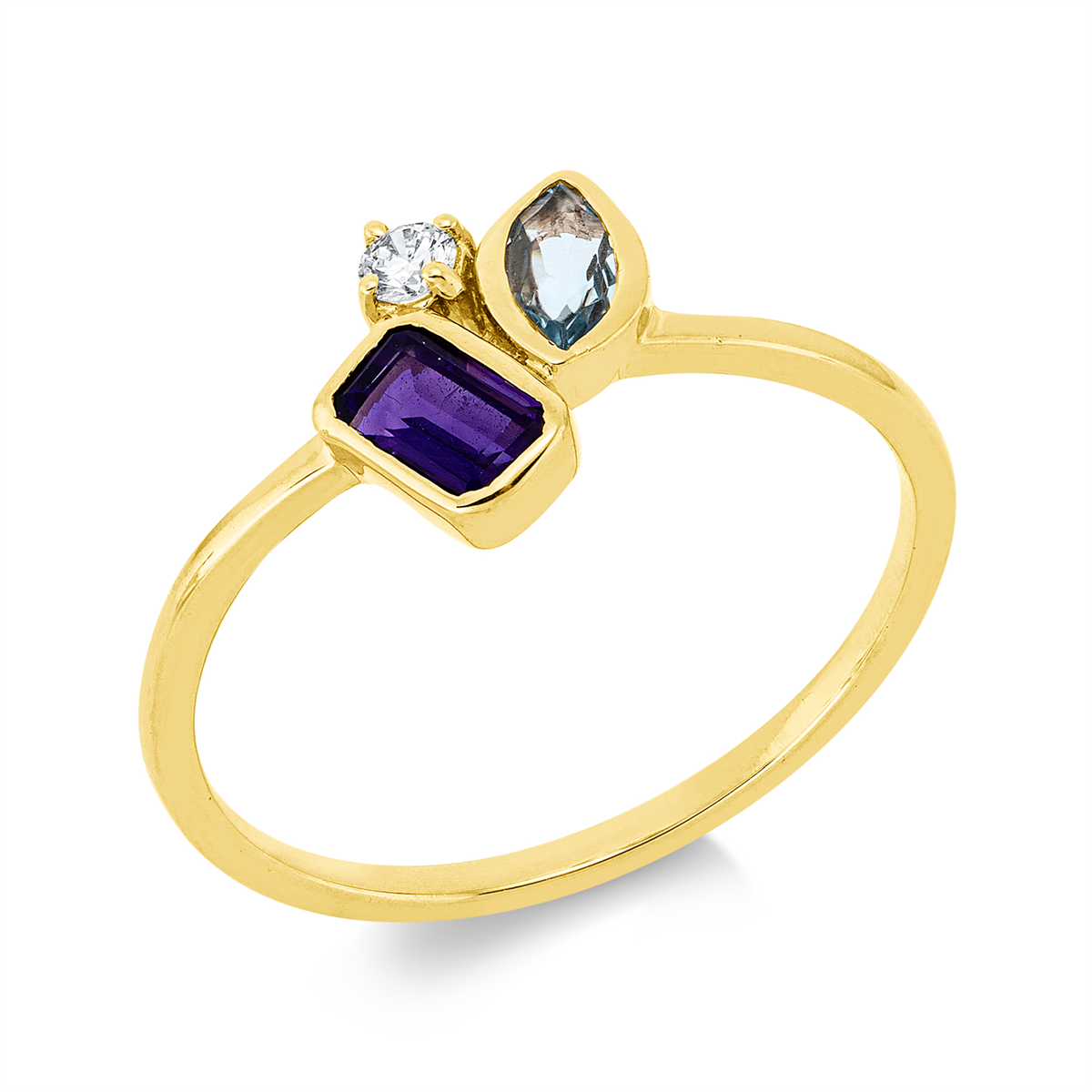 diamond full cut aquamarine colored stone fashion ring in yellow gold