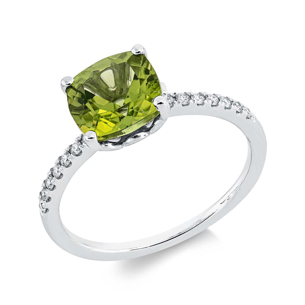 diamond full cut peridot colored stone fashion ring in white gold