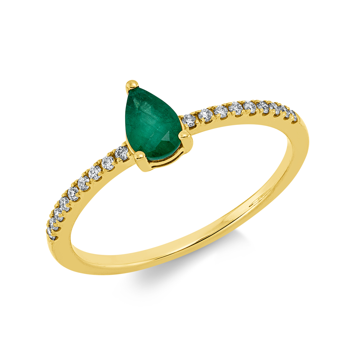 diamond full cut emerald colored stone classic ring in yellow gold