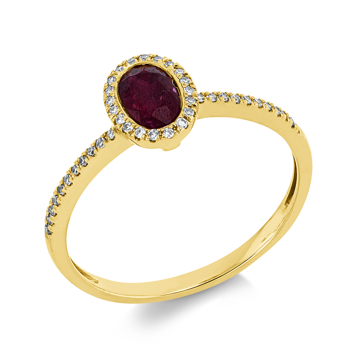 diamond single cut ruby colored stone classic ring in yellow gold