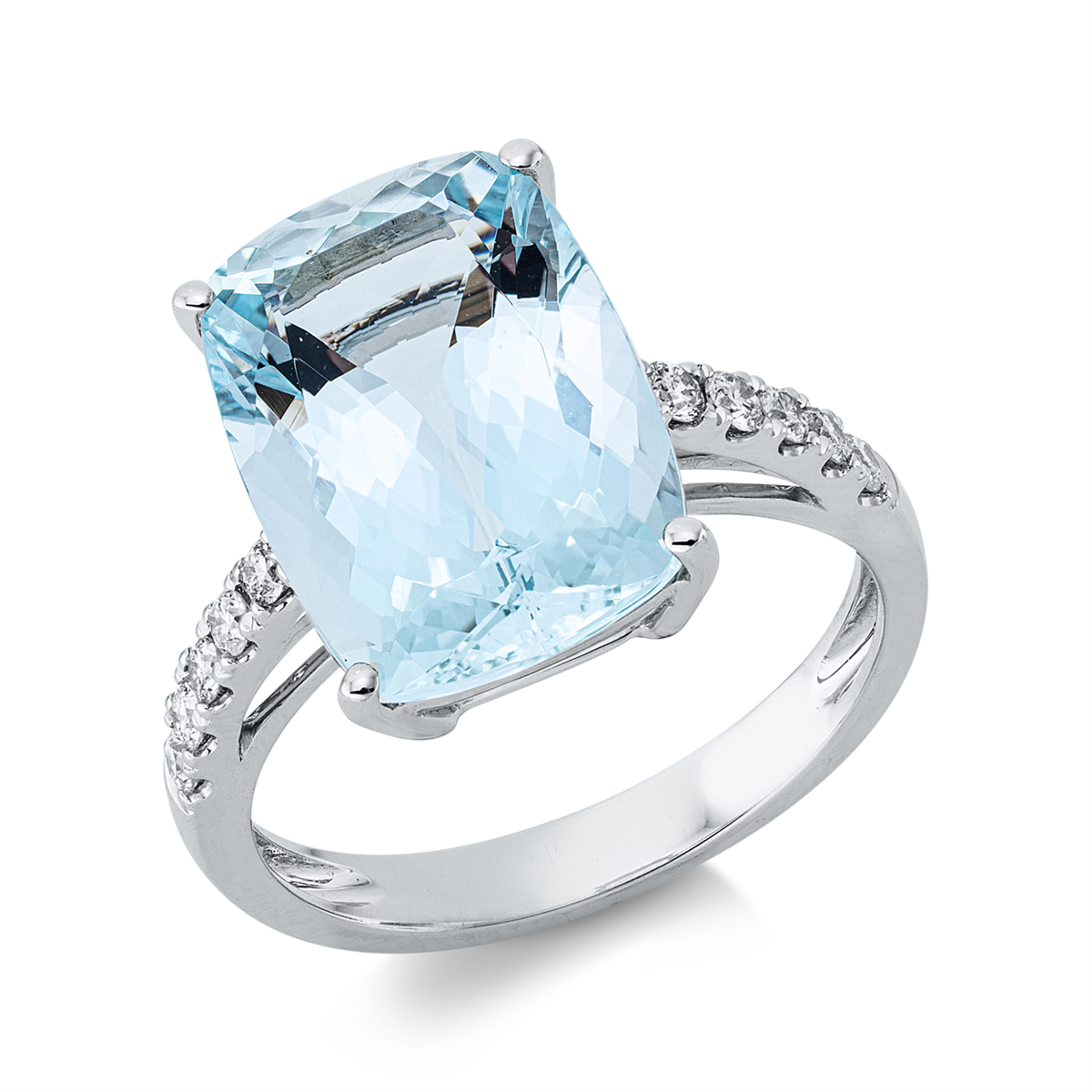 diamond full cut aquamarine colored stone fashion ring in white gold