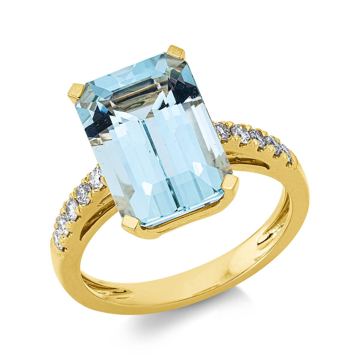 diamond full cut aquamarine colored stone classic ring in yellow gold