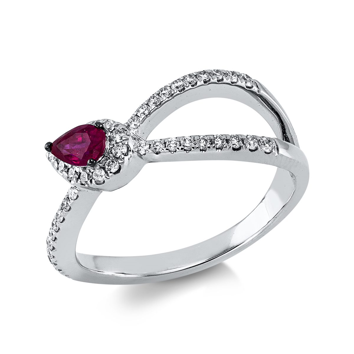 diamond full cut ruby colored stone classic ring in white gold