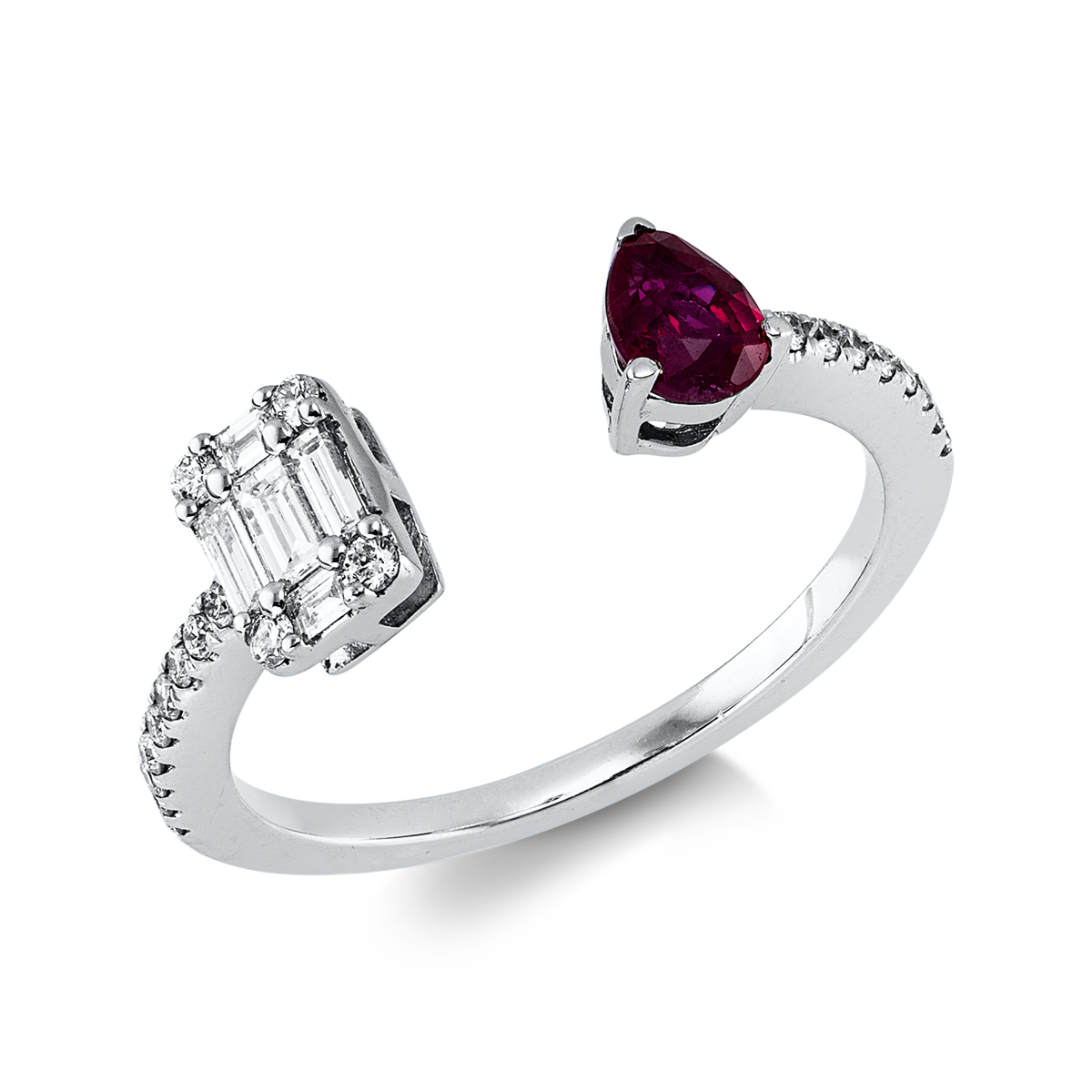 diamond full cut ruby colored stone classic ring in white gold